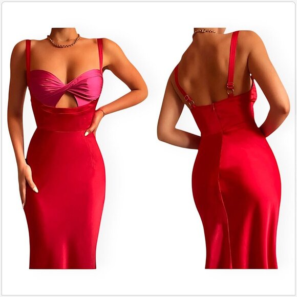 RNWY Syndey Runaway The Label Kelsi Midi Dress Colorblock Slip Red Pink NWT 10 - Picture 3 of 7